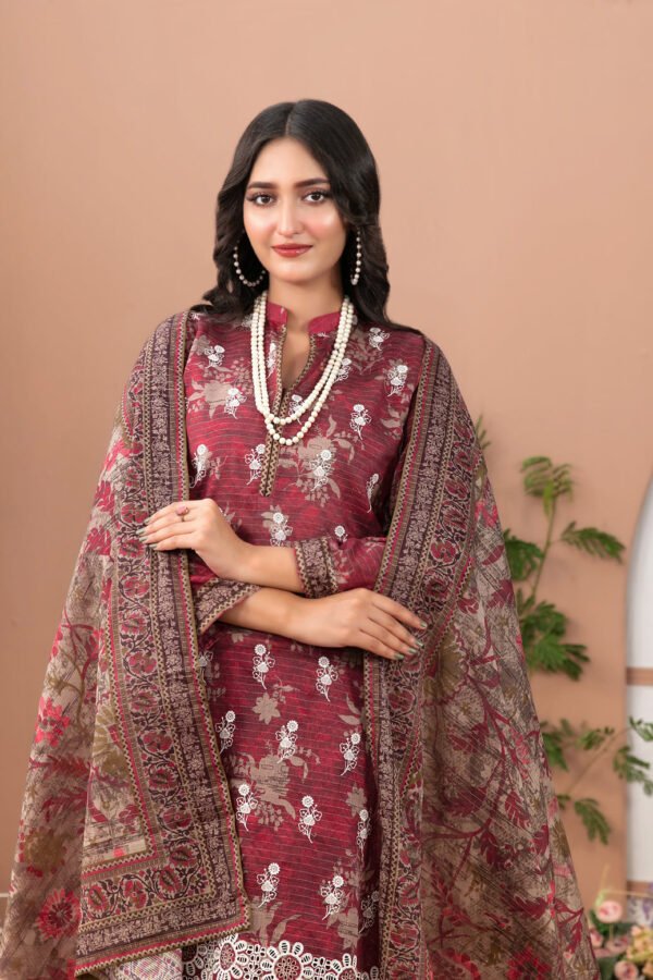 Basma 3 Piece Un-Stitched Lawn Maroon - Image 2