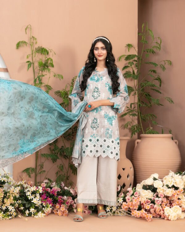 Basma 3 Piece Un-Stitched Lawn Sky Blue - Image 4