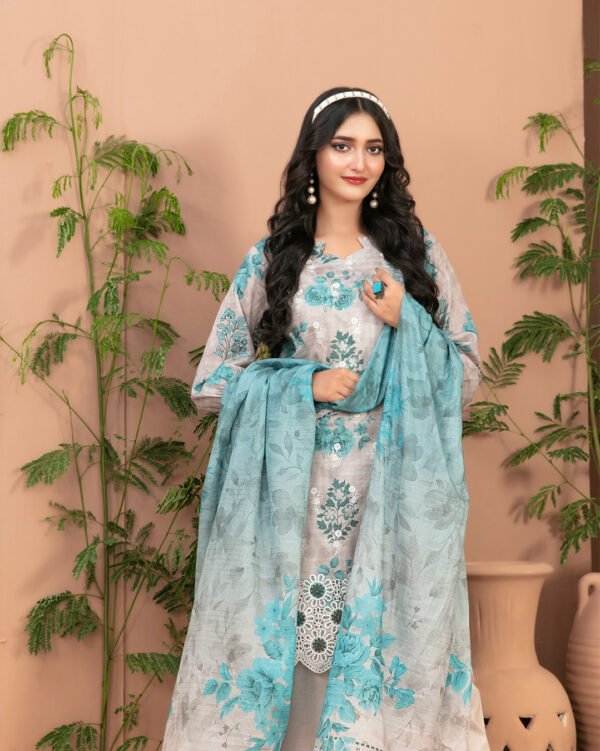 Basma 3 Piece Un-Stitched Lawn Sky Blue - Image 3
