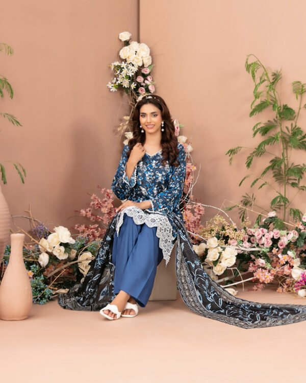 Basma 3 Piece Un-Stitched Lawn Blue - Image 2